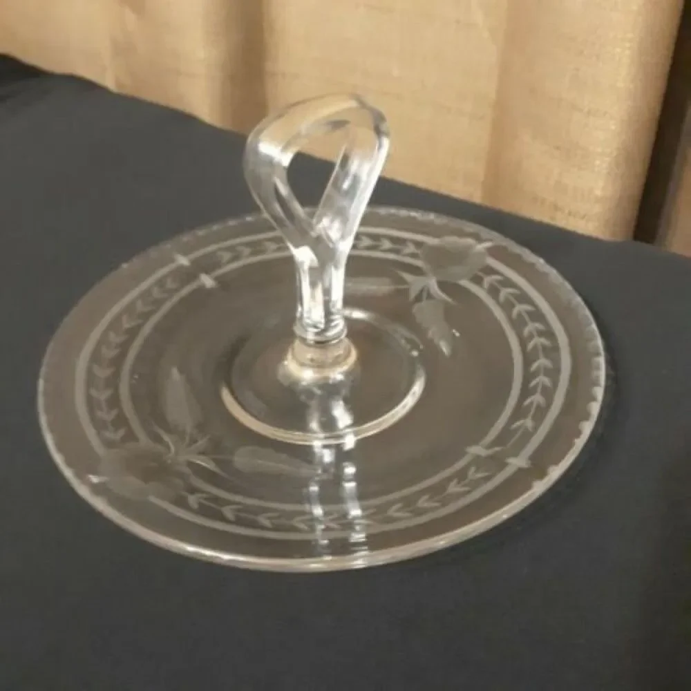 Vintage Elegant Depression Glass Tidbit Tray Clear Etched 1920s